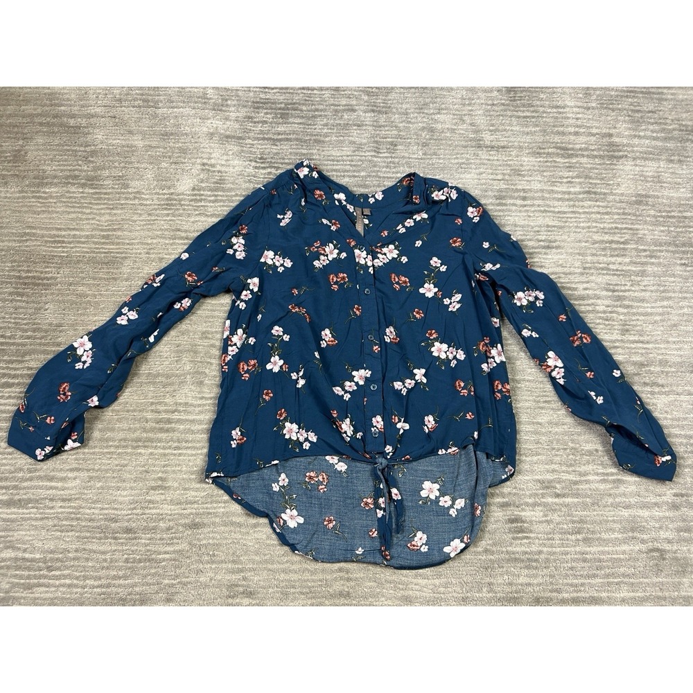 Brina & Em Top Womens Large Blue Floral Button Up‎ Long Sleeve Rayon Tied Front